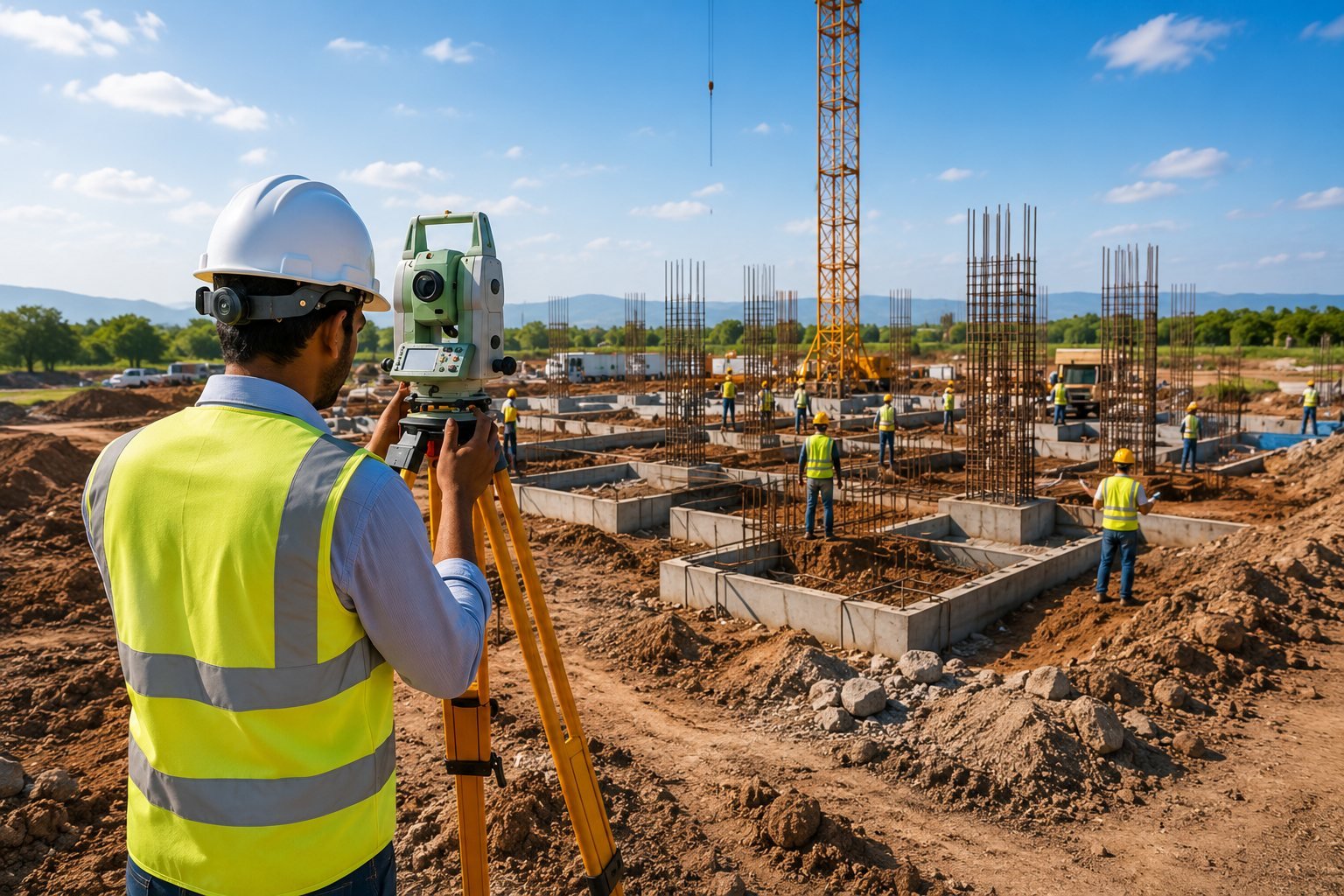 ANIBA site engineer surveying a construction site with a total station, overseeing foundation works and tower crane operations